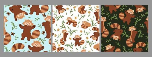 Set of seamless patterns with red pandas. Vector graphics.