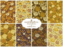 Colección floral de 8 patrones sin fisuras en colores mostaza. gráficos vectoriales vector