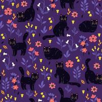 Seamless pattern with cute cats and flowers. Vector graphics.