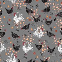 Pattern with hens and roosters on a gray background. vector
