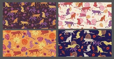 Collection of seamless patterns with leopards. Vector graphics.