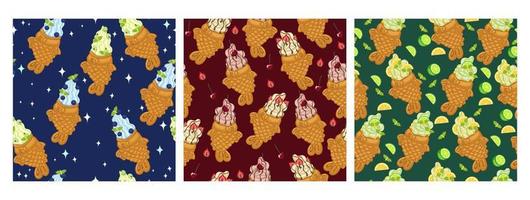 Set of seamless patterns with ice cream taiyaki. Vector graphics.
