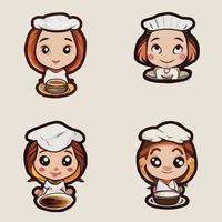 Cute girl chef cake coffee food restaurant logo 2D hand drawn cartoon art vector
