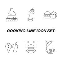 Cooking, food and kitchen concept. Collection of modern outline monochrome icons in flat style. Line icon set of stove hood over oven, cooking, beer, hamburger, ice cream, coctail, multi cooker vector