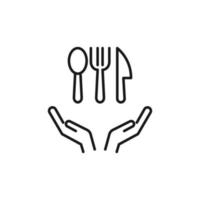 Charity and philanthropy concept. Hight quality sign drawn with thin line. Suitable for web sites, stores, internet shops, banners etc. Line icon of knife, fork and spoon over opened hands vector