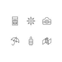 Outline symbol in modern flat style suitable for advertisement, books, stores. Line icon set with icons of bus ticket, sun, photo camera, umbrella, baggage, sightseeing vector