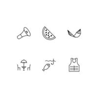 Outline symbol in modern flat style suitable for advertisement, books, stores. Line icon set with icons of loudspeaker, watermelon, hammock, cafe, fishing, life vest vector