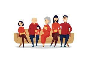 An Asian family enjoys a reunion on New Years Eve, sitting on the couch. Vector cartoon illustration.