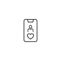 Romance and love concept. Vector monochrome outline signs drawn in flat style. Perfect for advertisement, articles, stores, internet pages. Line icon of person and heart on smartphone screen