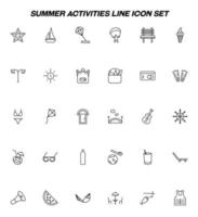 Summer activities, holiday and vacation concept. Line icon set with icons of bench, paragliding, parasailing, sea star, sailboat, ice cream, credit card, picnic, backpack, sun etc vector