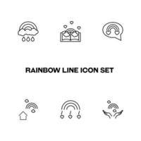 Vector sign in modern flat style. Suitable for web pages, internet shops, stores, advertisements, signboards. Line icon set with icons of rain, book, speech bubble, heart, open hands next to rainbow