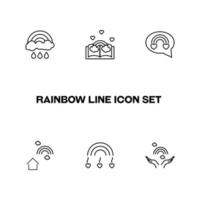 Vector sign in modern flat style. Suitable for web pages, internet shops, stores, advertisements, signboards. Line icon set with icons of rain, book, speech bubble, heart, open hands next to rainbow