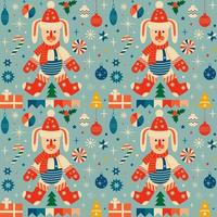 Retro vintage Christmas pattern with Rabbits and Christmas decorations . Vector illustration