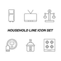 Household and daily routine concept. Collection of modern outline monochrome icons in flat style. Line icon set of fridge, tv set, scales, robot vacuum cleaner, multicooker, top view of oven vector