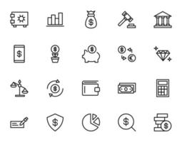 Business, money, finance concept. Vector signs drawn with black line. Line icon set with symbols of dollar, pie chart, money, wallet, progress, development, judge etc