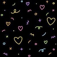 Cute Abstract Confetti Sprinkle Sparkle Shine Shape Form Small Polkadot dot Line Outline Mini Heart Abstract Rainbow Neon Color Colorful Pastel Seamless Pattern Black Background vector