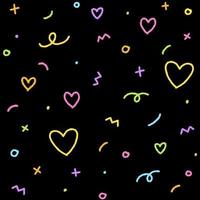 Cute Abstract Confetti Sprinkle Sparkle Shine Shape Form Small Polkadot dot Line Outline Mini Heart Abstract Rainbow Neon Color Colorful Pastel Seamless Pattern Black Background vector