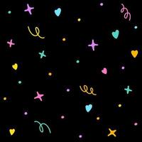 Cute Abstract Confetti Sprinkle Sparkle Shine Shape Form Small Polkadot dot Line Mini Heart Abstract Rainbow Neon Color Colorful Pastel Seamless Pattern Black Background vector