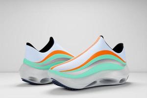3d ilustración coloridas nuevas zapatillas deportivas en una enorme suela de espuma, zapatillas en un estilo feo. zapatillas de deporte de moda. foto