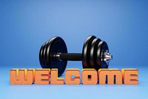 The inscription welcome on the background of a black metallic dumbbell on a blue  background. sports invitation photo