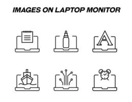 Items on laptop monitor pack. Modern vector monochrome signs. Line icon set with icons of calendar, cosmetic bottle, a letter, ship, algorithm, alarm clock on laptop monitor