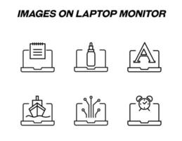 Items on laptop monitor pack. Modern vector monochrome signs. Line icon set with icons of calendar, cosmetic bottle, a letter, ship, algorithm, alarm clock on laptop monitor