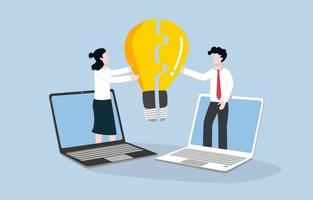 Remote meeting to find best idea to run business, brainstorming in organization concept. Businesswoman and businessman appearing on laptop screens to merge idea light bulb. vector