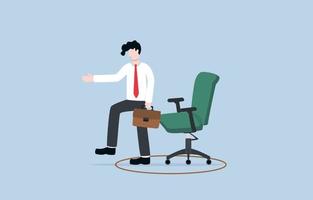 Get out of comfort zone, change career path, resign present job to find new job according to decision or call of heart concept. Businessman employee stepping out of circle around office chair. vector