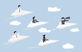 Business leadership, power to lead employees to achieve target, vision to see opportunity for team concept. Businessman boss flying paper plane leading teammate planes to right direction. vector