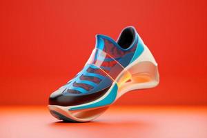 Ilustración 3d de un zapato conceptual para el metaverso. coloridas zapatillas deportivas en una plataforma alta.