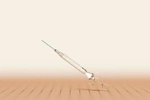 3D rendering. Close up of a beige syringe with a vaccine against serious diseases on a monochrome  background.  Coronovirus vaccination and pandemic control photo