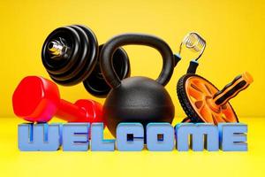 3d illustration of sports equipment and  inscription welcome . Sports equipment kettlebell, dumbbell, elastic band for sports, gymnastic roller for the press. Sports game store banner photo