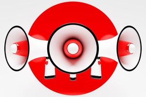 Megaphone speaker or megaphone loudspeaker, realistic 3d illustration. Modern isolated megaphone loudspeaker with buzzer and handle, lifeguard emergency signal and speakerphone for announcements photo