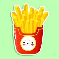 lindo y divertido personaje de pegatina de papas fritas. icono de ilustración de personaje kawaii de dibujos animados dibujados a mano vectorial. aislado sobre fondo blanco. concepto de personaje de papas fritas vector