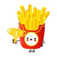 Cute funny french fries hold gold trophy cup. Vector hand drawn cartoon kawaii character illustration icon. Isolated on white background. French fries with winner trophy cup