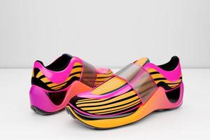 Bright sneakers with animal print on the sole. The concept of bright fashionable sneakers, 3D rendering. photo