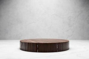 3d illustration of a wooden circle podium stand on the  gray background . 3d rendering. Minimalism geometry background photo