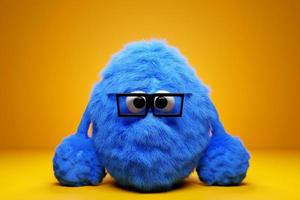 3D illustration of a funny furry  blue monster with eyes and glasses on a yellow isolated background. Funny emoticon monster for child's design photo