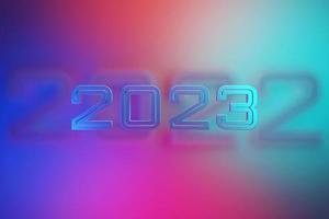 3D illustration inscription 2023 on a blue and pink  background. Changeability of years. Illustration of the symbol of the new year. photo