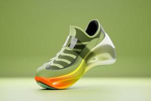 Ilustración 3d de un zapato conceptual para el metaverso. zapatillas deportivas verdes en una plataforma alta. foto