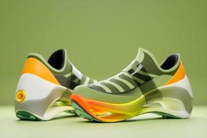 3D illustration of a concept shoe for the metaverse. Green sports boot sneakers on a high platform. photo