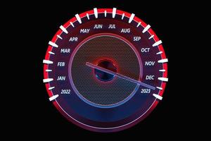 3D illustration close up black speedometer with cutoffs 2022,2023 and calendar months. photo