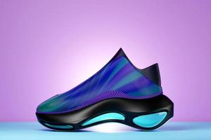 3d illustration of sneakers with bright gradient holographic print. Stylish concept of stylish and trendy sneakers photo