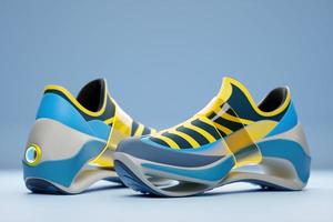 Bright sports unisex sneakers in blue and yellow canvas with high  soles. 3d illustration photo