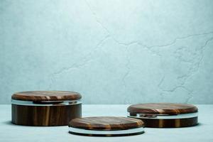 3d illustration of a wooden circle podium stand on the  gray background . 3d rendering. Minimalism geometry background photo