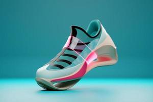 3D illustration of a concept shoe for the metaverse. Colorful  sports boot sneaker on a high platform. photo