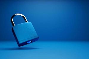 3D illustration of the blue metal padlock isolated on monocrome background photo