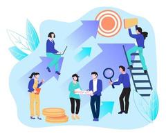 Business development and career growth concept with business people working on corporate success achievement. Company financial progress and leadership on market. Flat vector illustration.