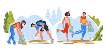 Concept of ecological challenge - plogging marathon banner with running people picking up garbage into litter bags. Environment saving and recycling. Flat cartoon vector illustration isolated.