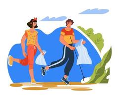 Plogging ecological challenge concept with running people picking up trash into litter bags. Ecology and recycling, planet clean from waste. Flat cartoon vector illustration isolated.